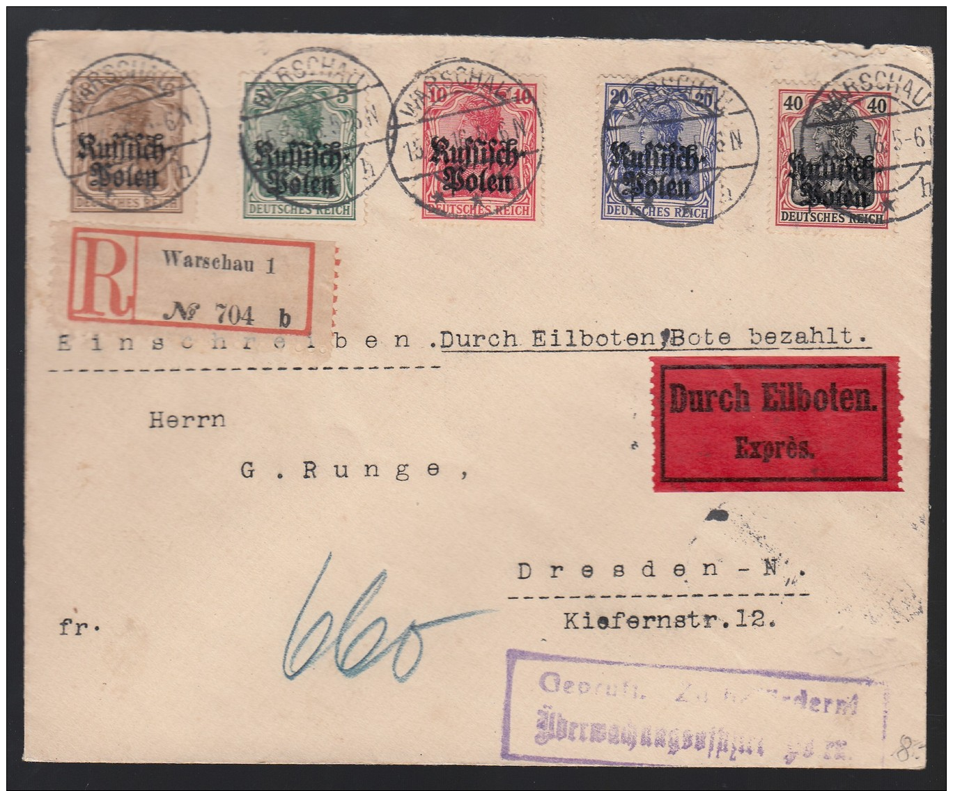 DR Einschreiben Eilbote Russisch Polen 1916 Warschau Nach Dresden K526 - Briefe U. Dokumente