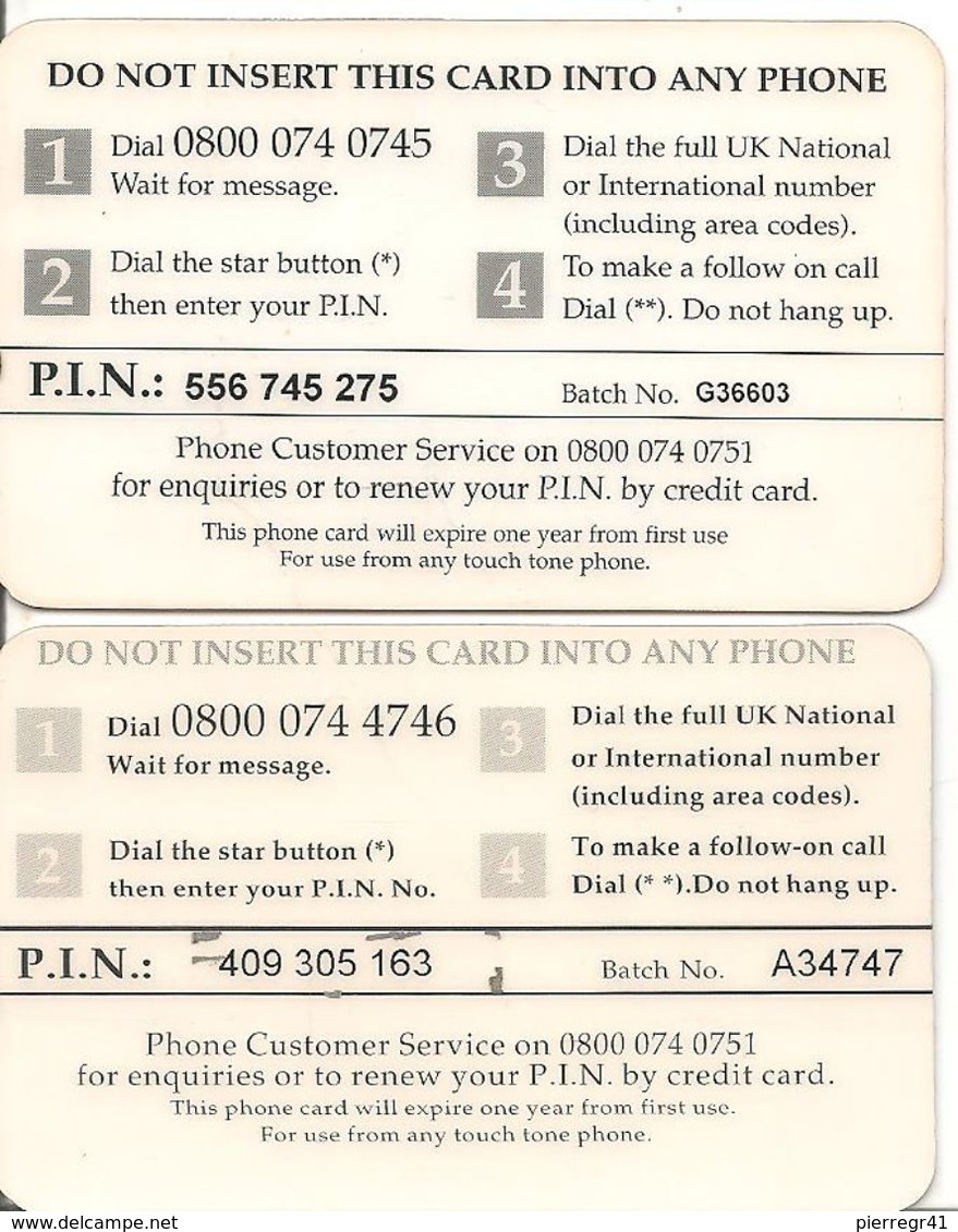 2-CARTES+-PREPAYEE-GB-5£/10£-TELECOM UK-DISCOUNT PHONECARD-TBE-RARE - Autres & Non Classés