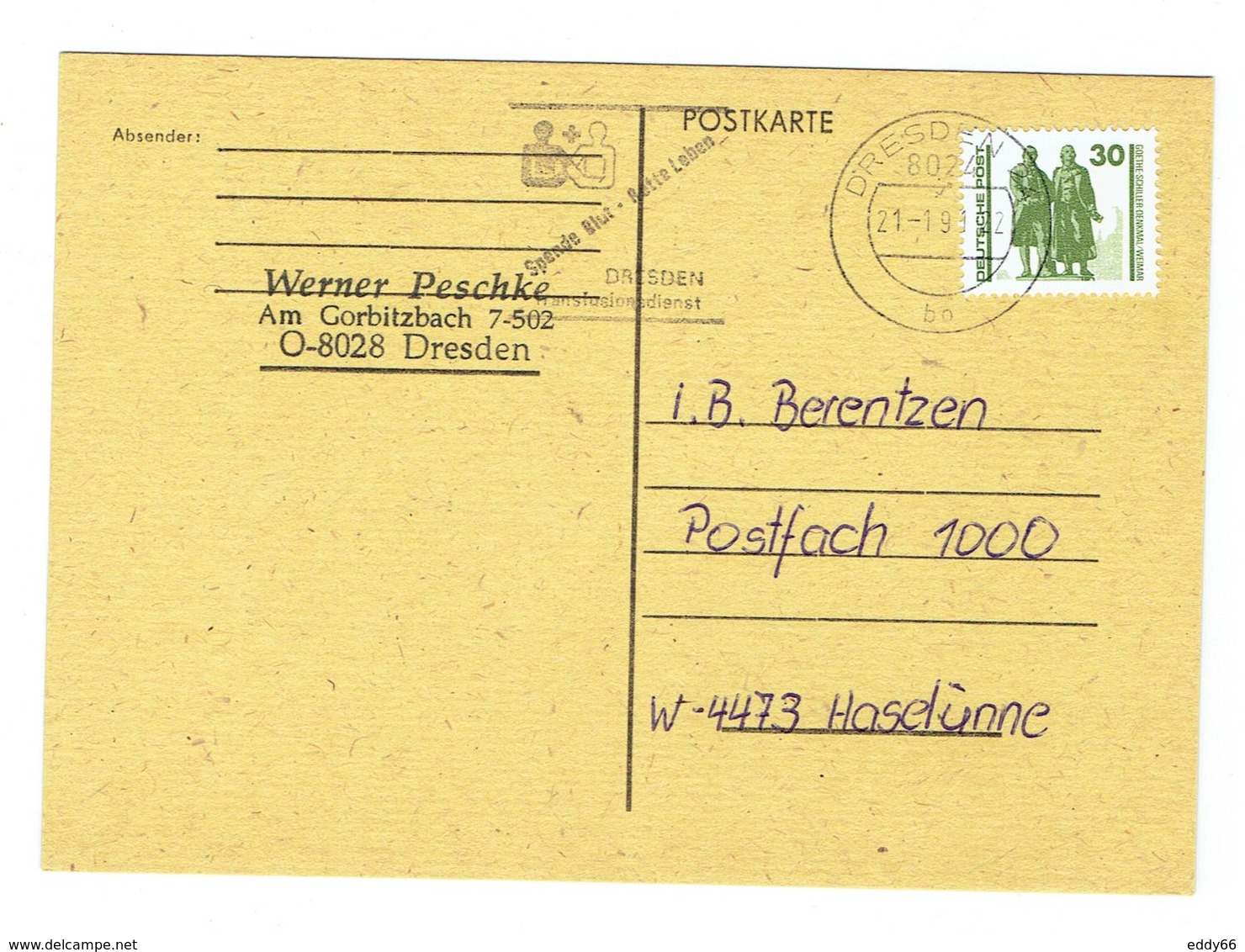 DDR-Karte Mit Mi.Nr. 3345 Stempel Dresden ( 21.1.91) Nach Hasselünne Werbestempel Spende Blut - Altri & Non Classificati