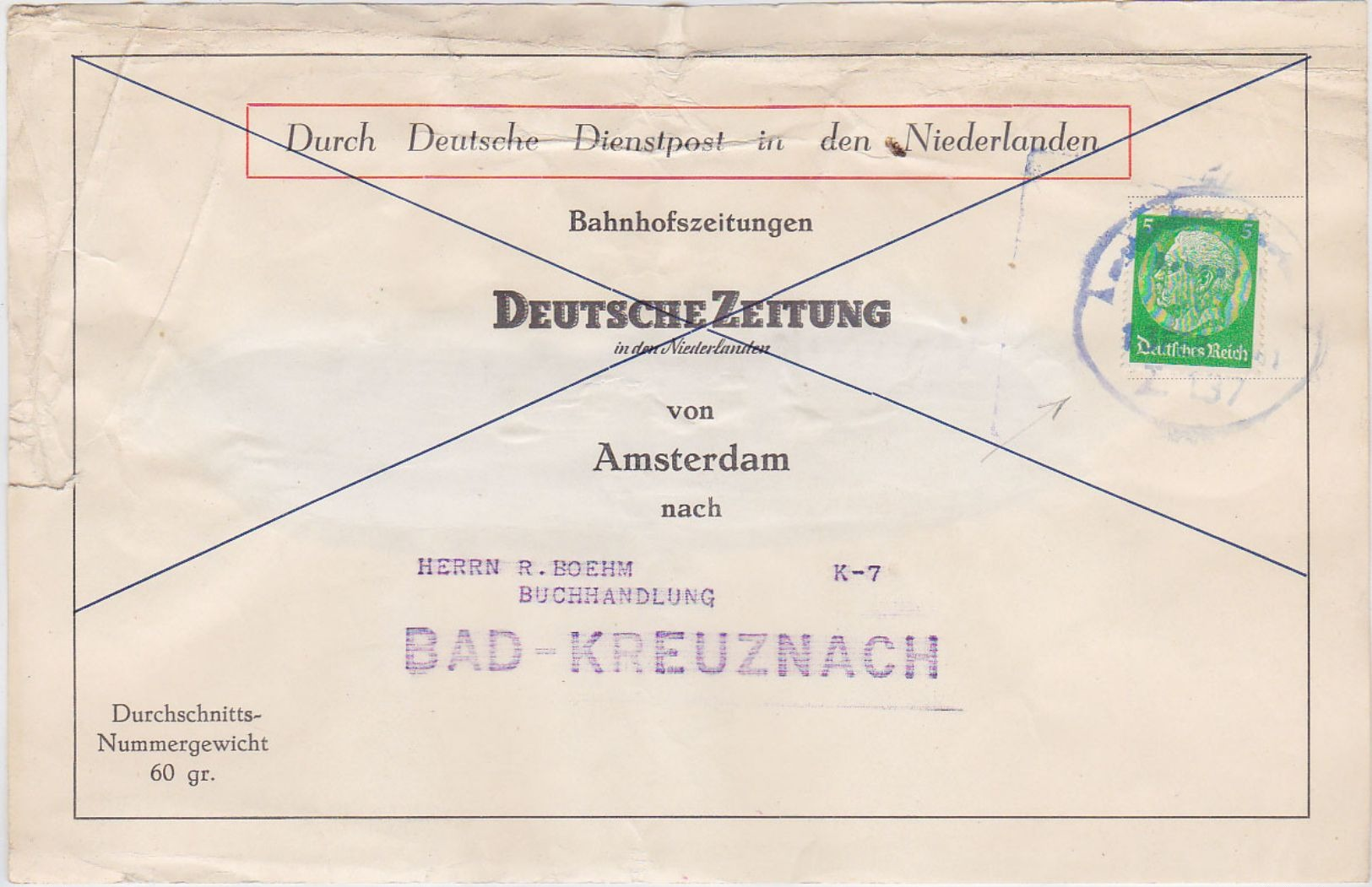 GERMANY NETHERLANDS 1941 NEWSPAPER PACKET ADDRESS (creased) RAILW.PM "Amsterdam-Bentheim" - Other & Unclassified