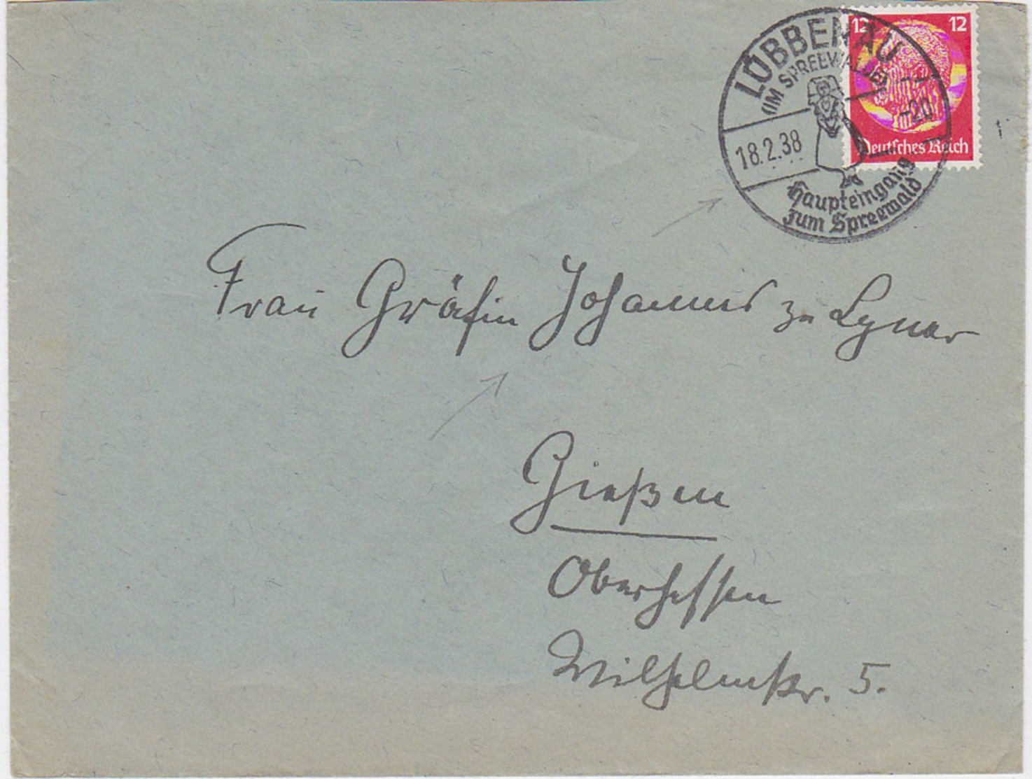 GERMANY 1938 (18.2.) COVER LÜBBENAU (Spreewald) ILLUSTR.PM TO GIESSEN (address !) - Autres & Non Classés