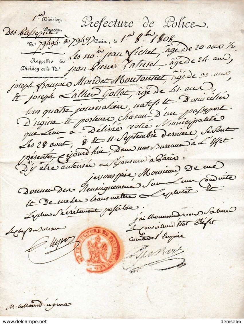 1er Août 1808 - DÉPARTEMENT Du MONTBLANC - Renseignements Sur 4 Citoyens Pour Séjour à Paris - Documents Historiques