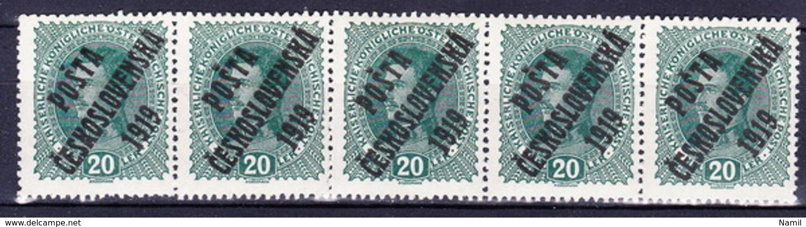 ** Tchécoslovaquie 1919 Mi 64a (Yv 50), (MNH), Bande De 5 - Unused Stamps