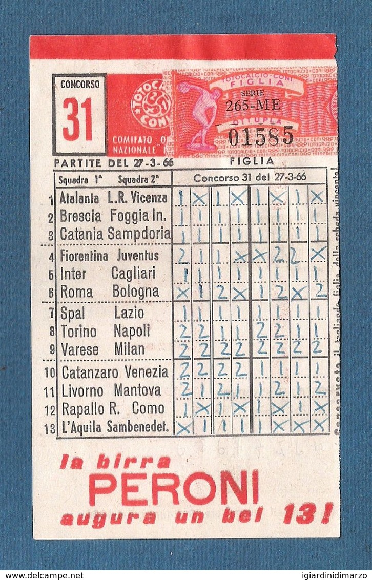 Schedina TOTOCALCIO - Concorso N. 31 Del 27/03/1966 - Giocata Di 8 Colonne Con Bollino - In Buone Condizioni - Non Classificati