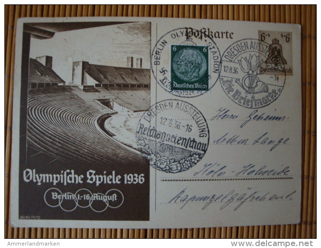 Sonderkarte Ganzsache Zu Den Olympischen Spielen 1936, Mit Zusatzfrankatur Und 3 Verschiedenen Sonderstempeln - Storia Postale