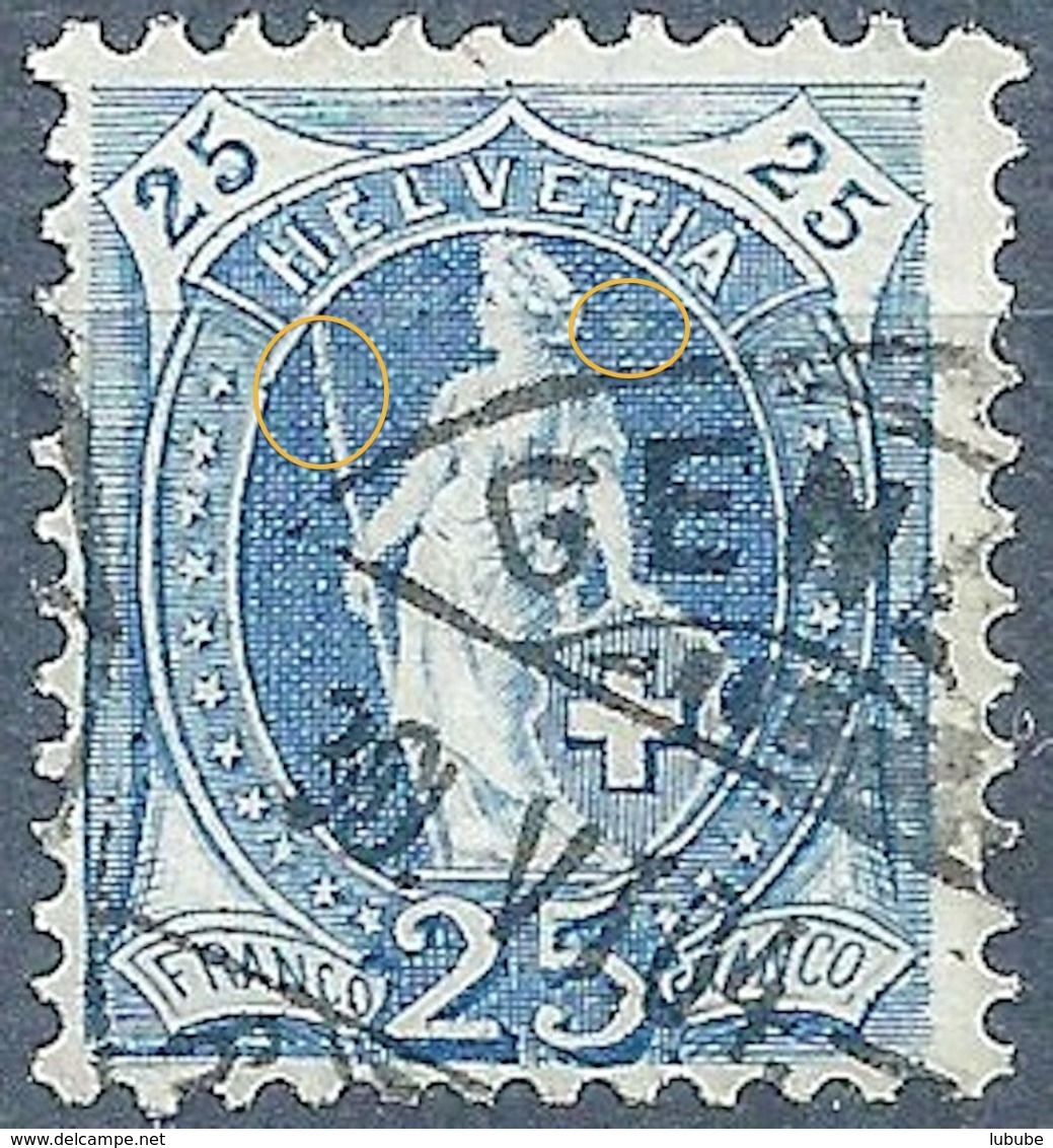 Stehende Helvetia 73E, 25 Rp.blau  GENEVE / RETOUCHE            1904 - Gebraucht