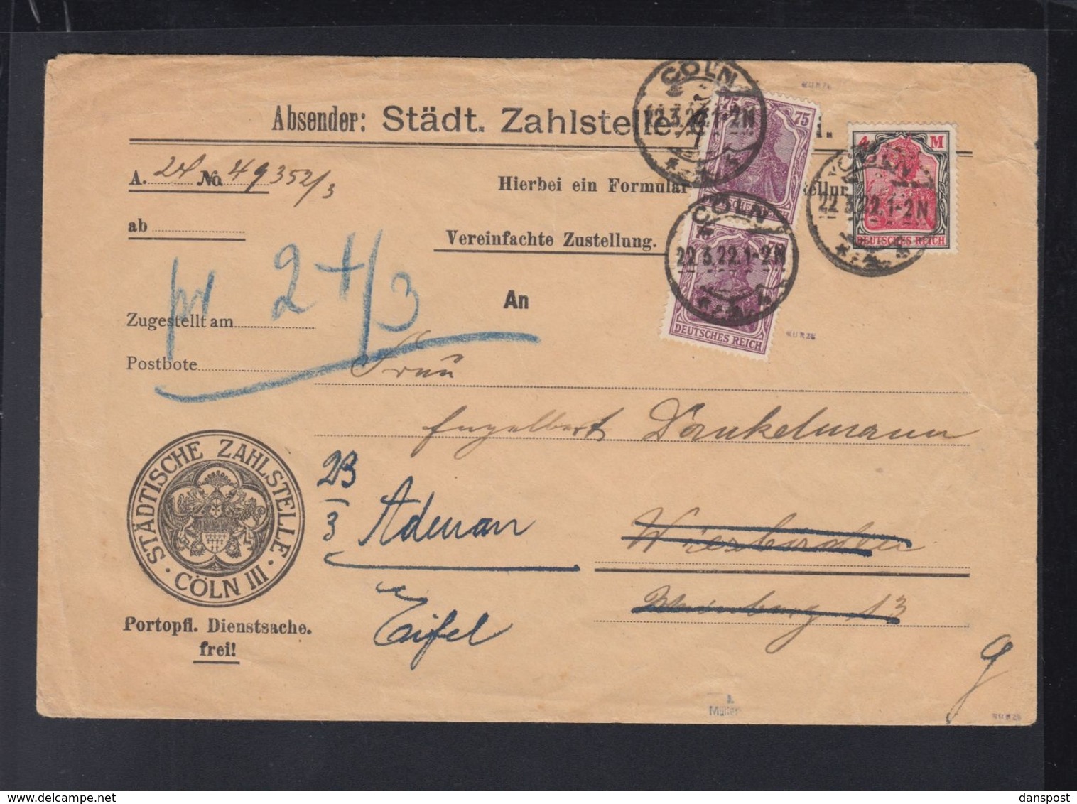 Dt. Reich Brief 1922 Städtische Zahlstelle Köln - Briefe U. Dokumente