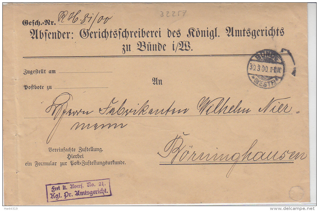 Dienstbrief Aus BÜNDE 30.3.00 Rückseitig Vignette - Storia Postale