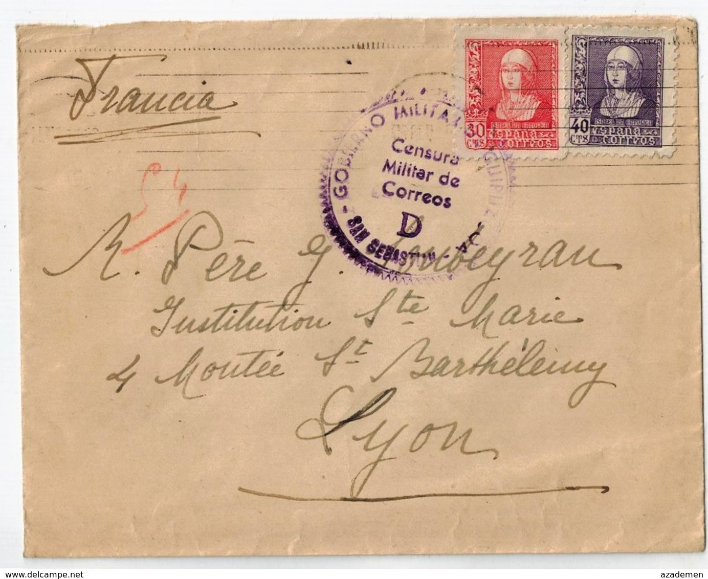 Lettre De SAN SEBASTIAN Pour La France, Avec Censure Militaire - Nationalists Censor Marks