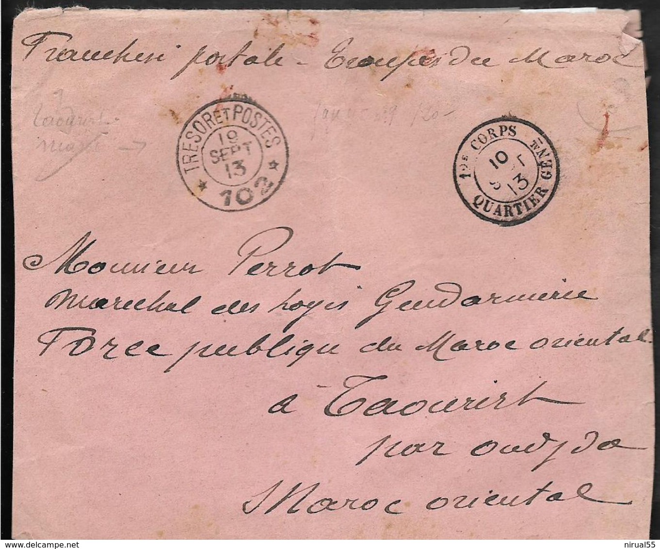 Occupation Du MAROC CAD Trésor Et Postes 102 + CAD 12° Corps Quartier Général 10.9.1913 Verso Oblitération  ...G - Cartas & Documentos