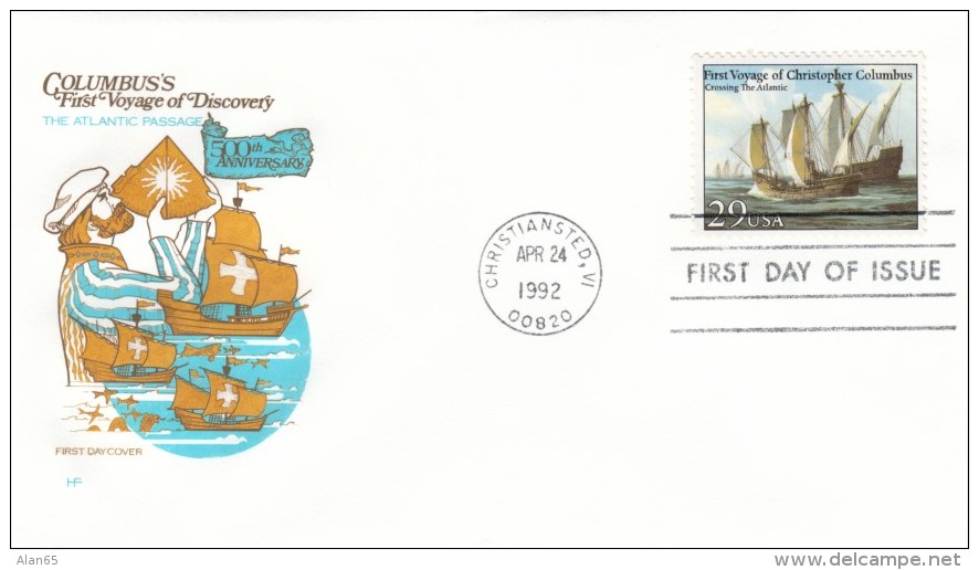 #2621 FDC Voyages Of Columbus 500th Anniversary Exploration Crossing The Atlantic, 24 April 1992 Illustrated Cover - 1991-2000