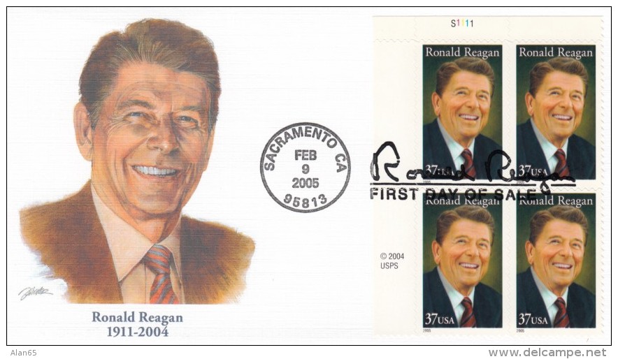 #3897 Ronald Reagan 40th US President 37-cent Issue Plate Number Block Of 4 FDC, 9 February 2005 Cover - 2001-2010