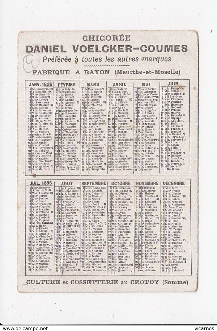 CHROMO  CHICOREE Voelcker à Bayon Meurthe Et Moselle  "Papa Les P'tits Bateaux" Avec Calendrier De1896 - Petit Format : ...-1900