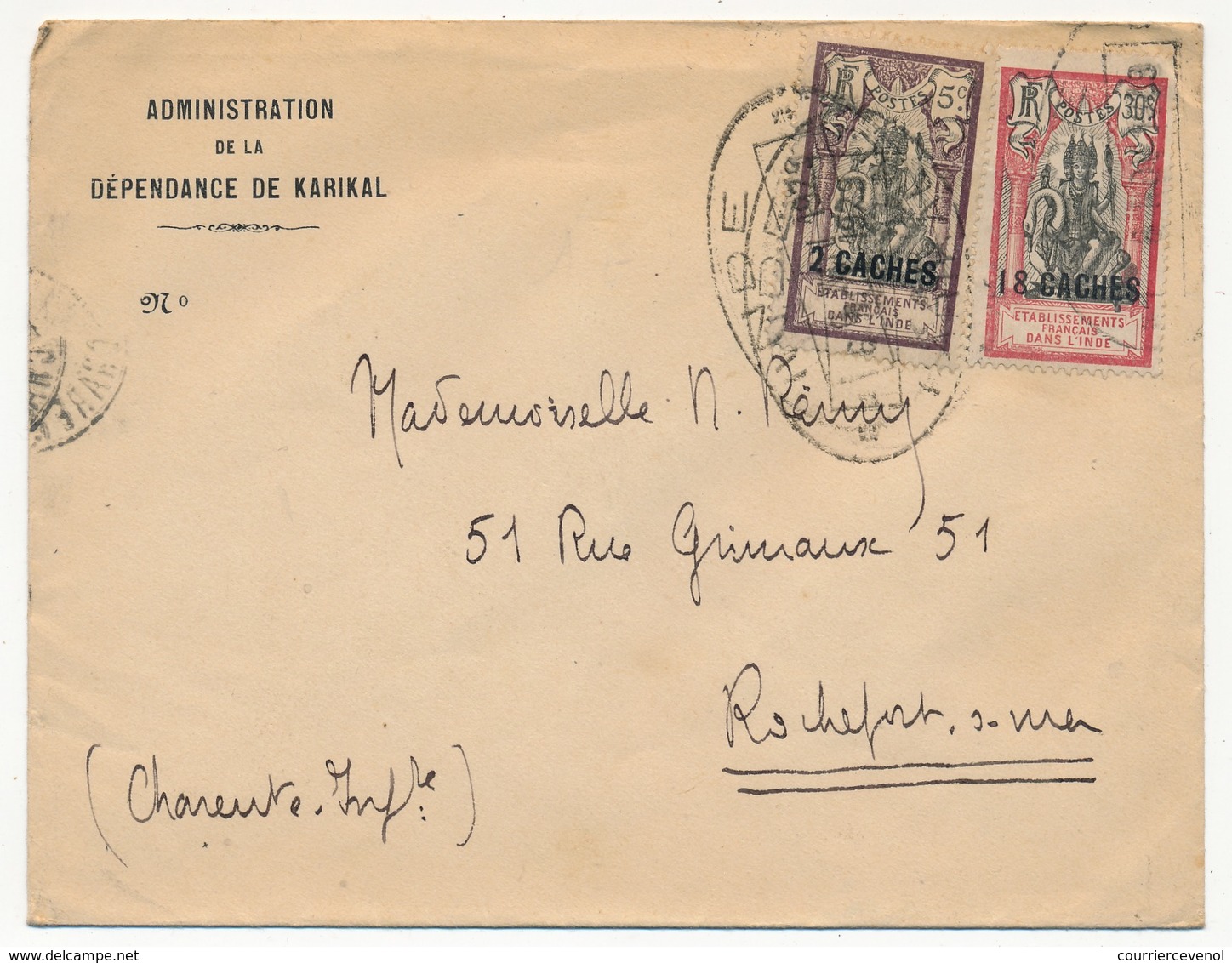 INDE Française - Enveloppe En Tête "Administration De La Dépendance De Karikal" - 1929 - Affr Composé - Lettres & Documents