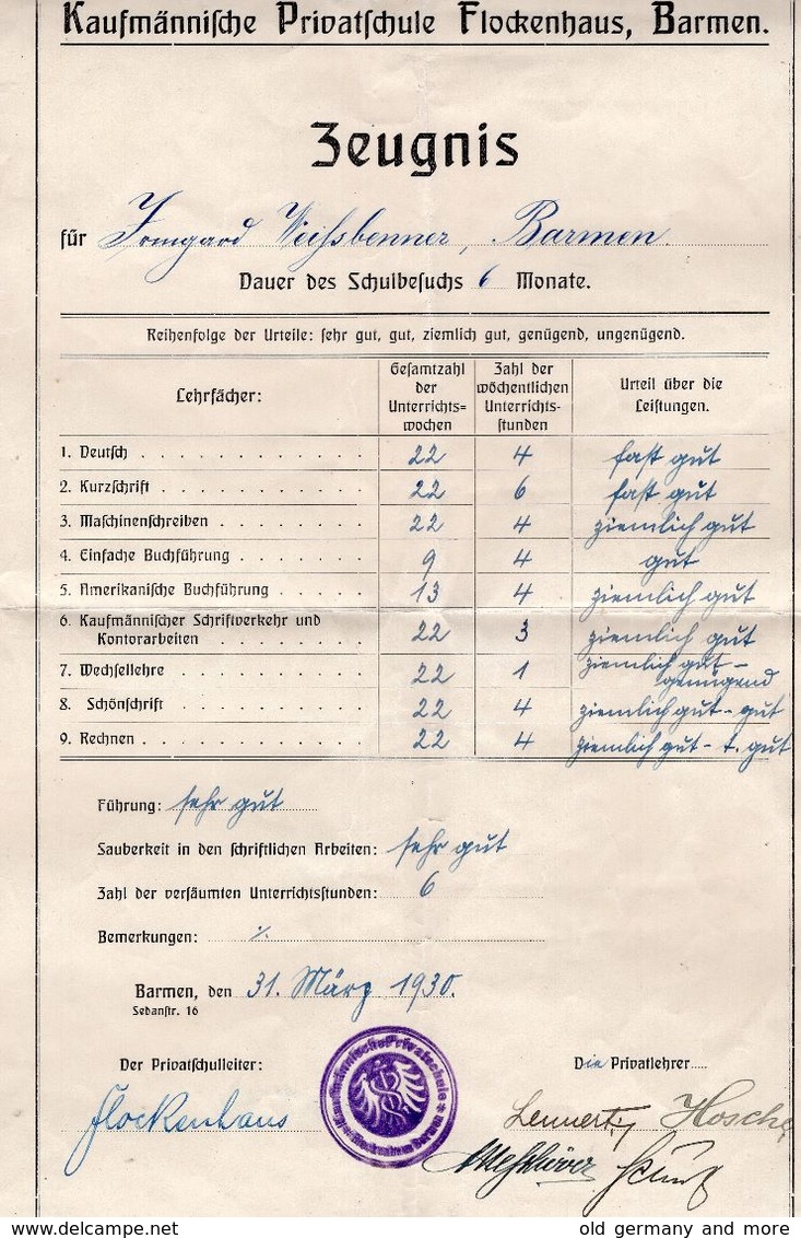 Kaufmäniche Privatschule Flockenhaus Barmen - Diplome Und Schulzeugnisse