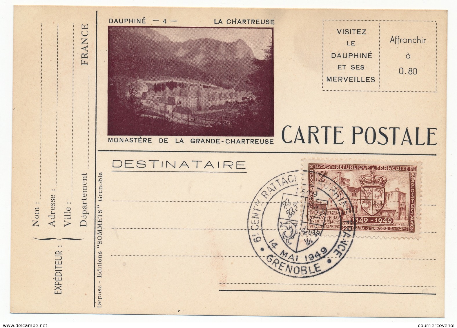 FRANCE - 8eme Centenaire Du Rattachement Du Dauphiné à La France -14 Mai 1949 - PREMIER JOUR Du Timbre - Cachets Commémoratifs
