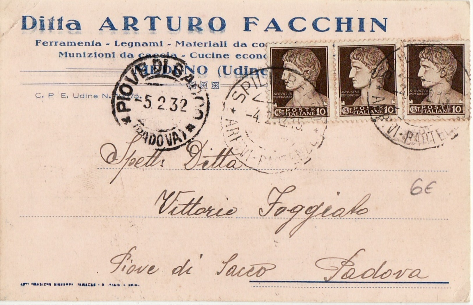 3305 UDINE MEDUNO FACCHIN X PIOVE DI SACCO PADOVA - Storia Postale