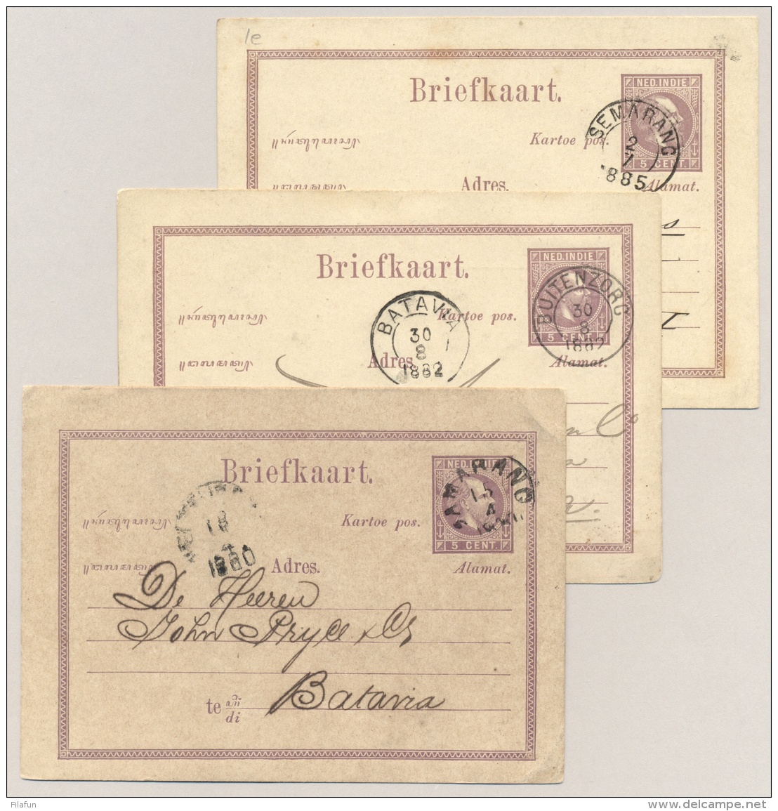 Nederlands Indië - 3x 5 Cent Willem III, Briefkaart G1 Gebruikt Met Kleinrond Stempels - Nederlands-Indië