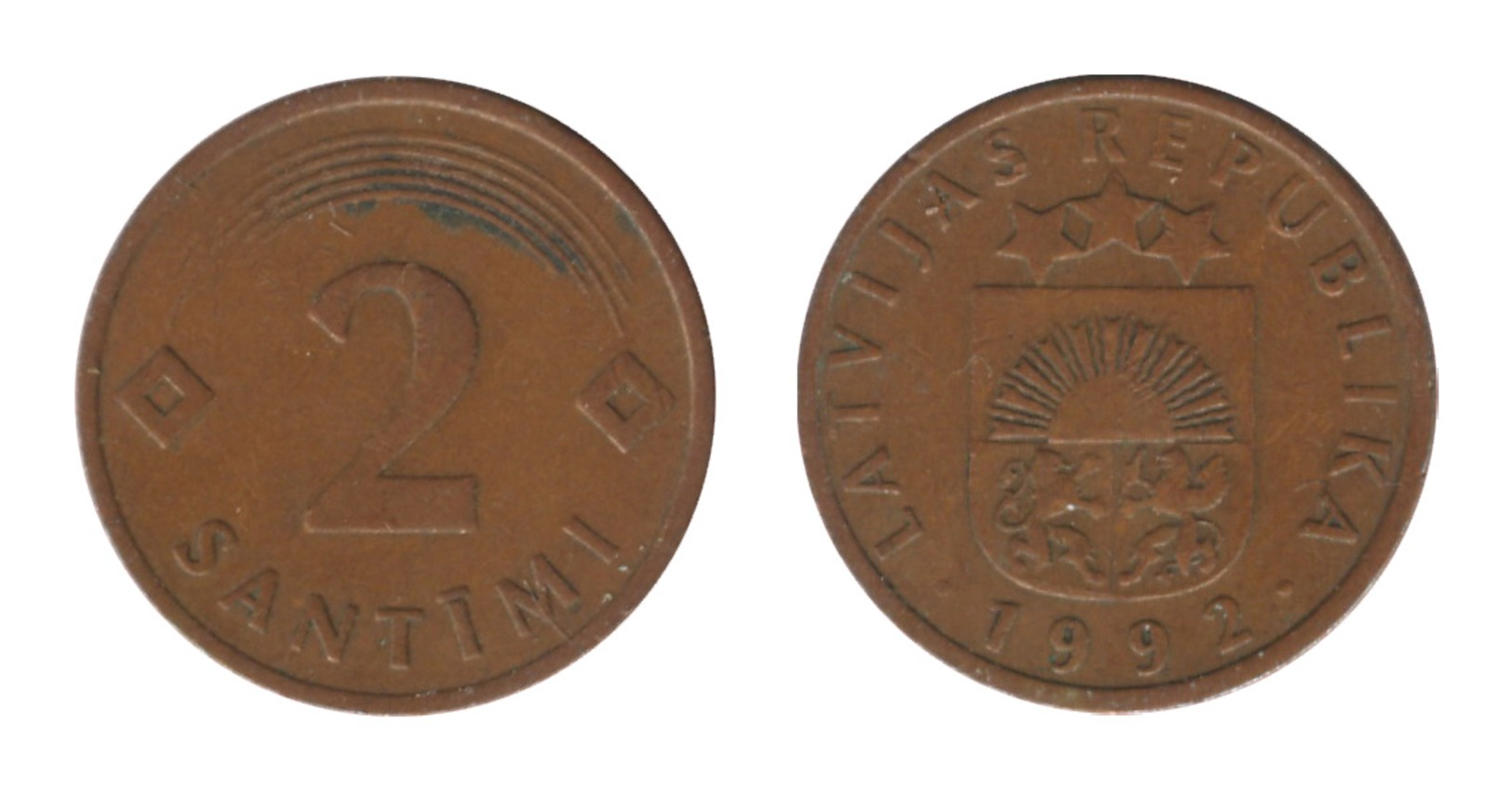 Latvia / 1992 / 2 Santimi / KM: 21 / XF - Lettonie