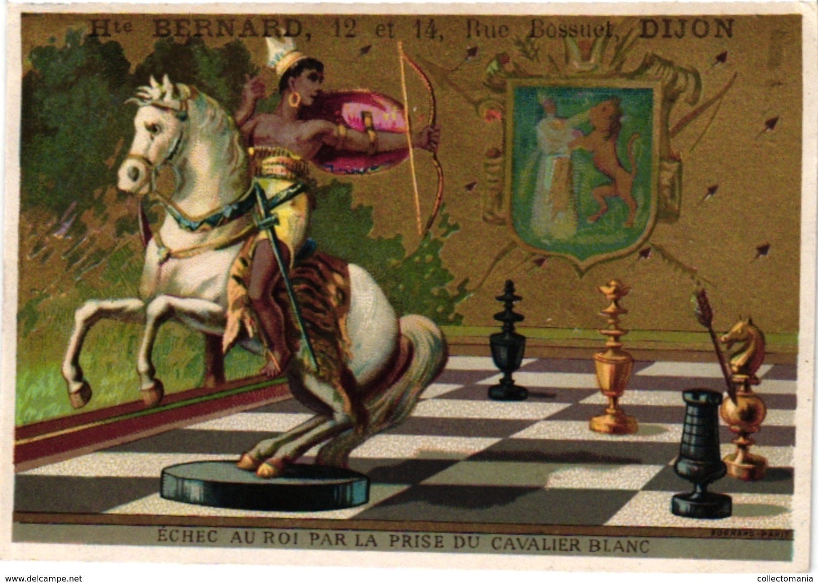 1 Card C1880 Chromo CHESS Game, Jeu D' ECHECS SCHACH Litho  BOGNARD Paris   ECHEC Au Roi Arow Bow Horse King - Chess