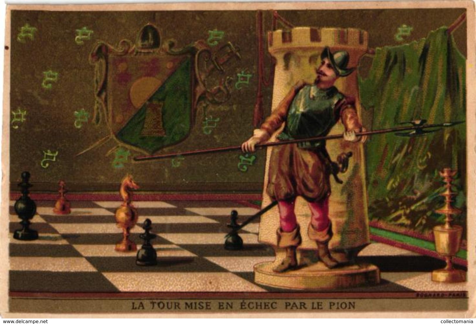 1 Trade Card Chromo CHESS Game,  ECHECS,  SCHACH  Pu Litho Impr. GUILLEAU - La Tour Mise En ECHEC Par Le Pion - Schach