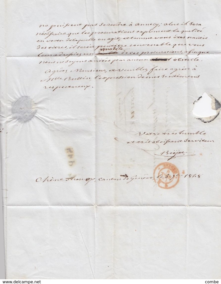 LETTRE SUISSE. 5 SEPTEMBRE 1848. CHÊNE-THONEX CANTON DE GENEVE. POUR ANNECY SAVOIE. TAXE PLUME 4. ENTREE GENEVE 4 A ROUG - 1843-1852 Kantonalmarken Und Bundesmarken