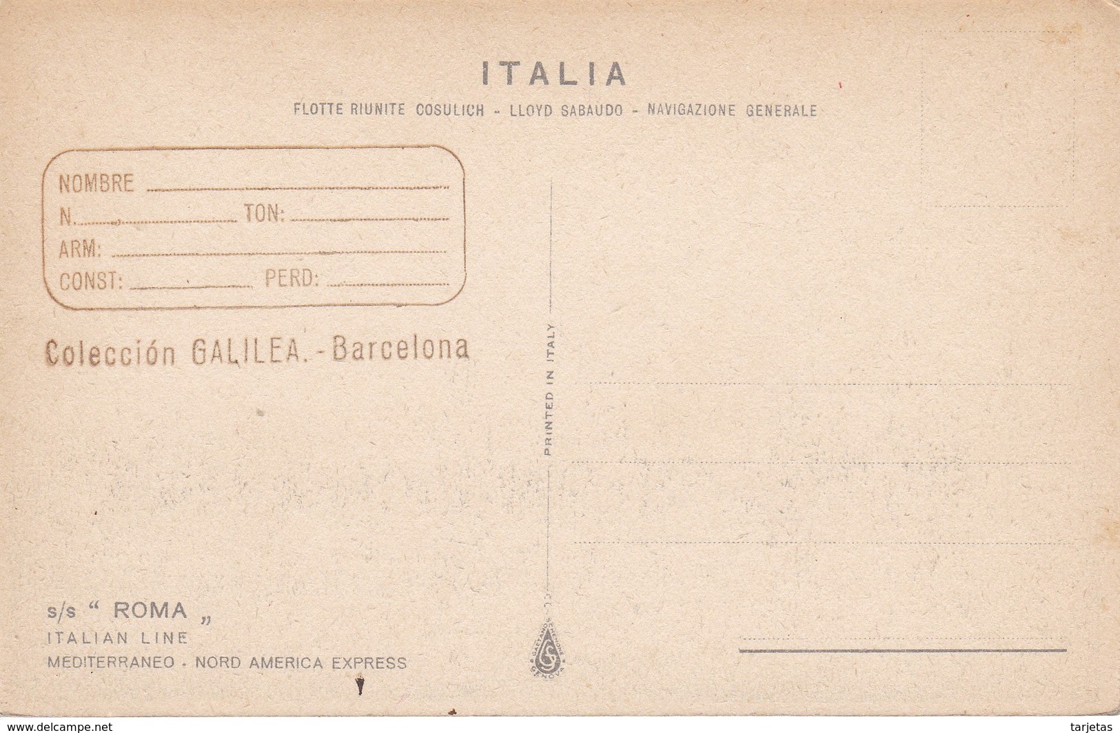 POSTAL DEL BARCO S/S ROMA  (BARCO-SHIP) MEDITERRANEO - NORD AMERICA EXPRESS - Comercio