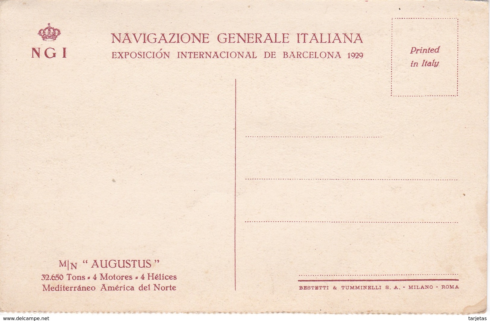 POSTAL DEL BARCO AUGUSTUS   (BARCO-SHIP) MEDITERRANEO - AMERICA DEL NORTE - Comercio