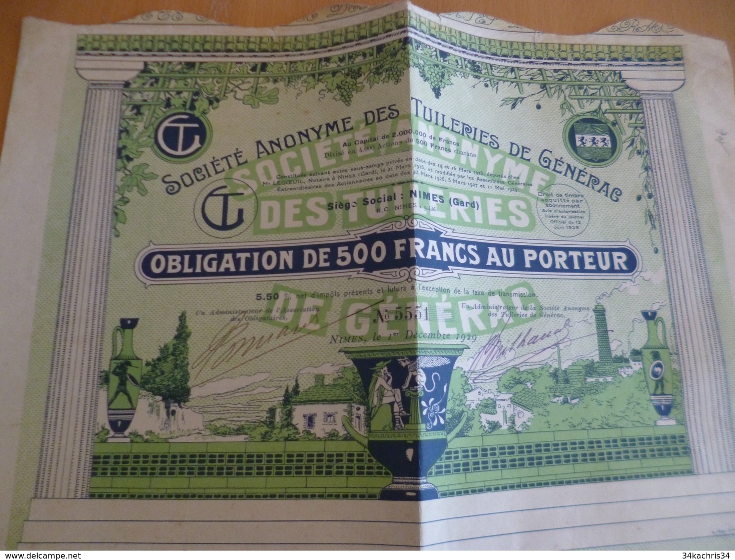 Action Obligation 500 Francs Société Anonymes Des Tuileries De Générac Gard 1929 - Industrie