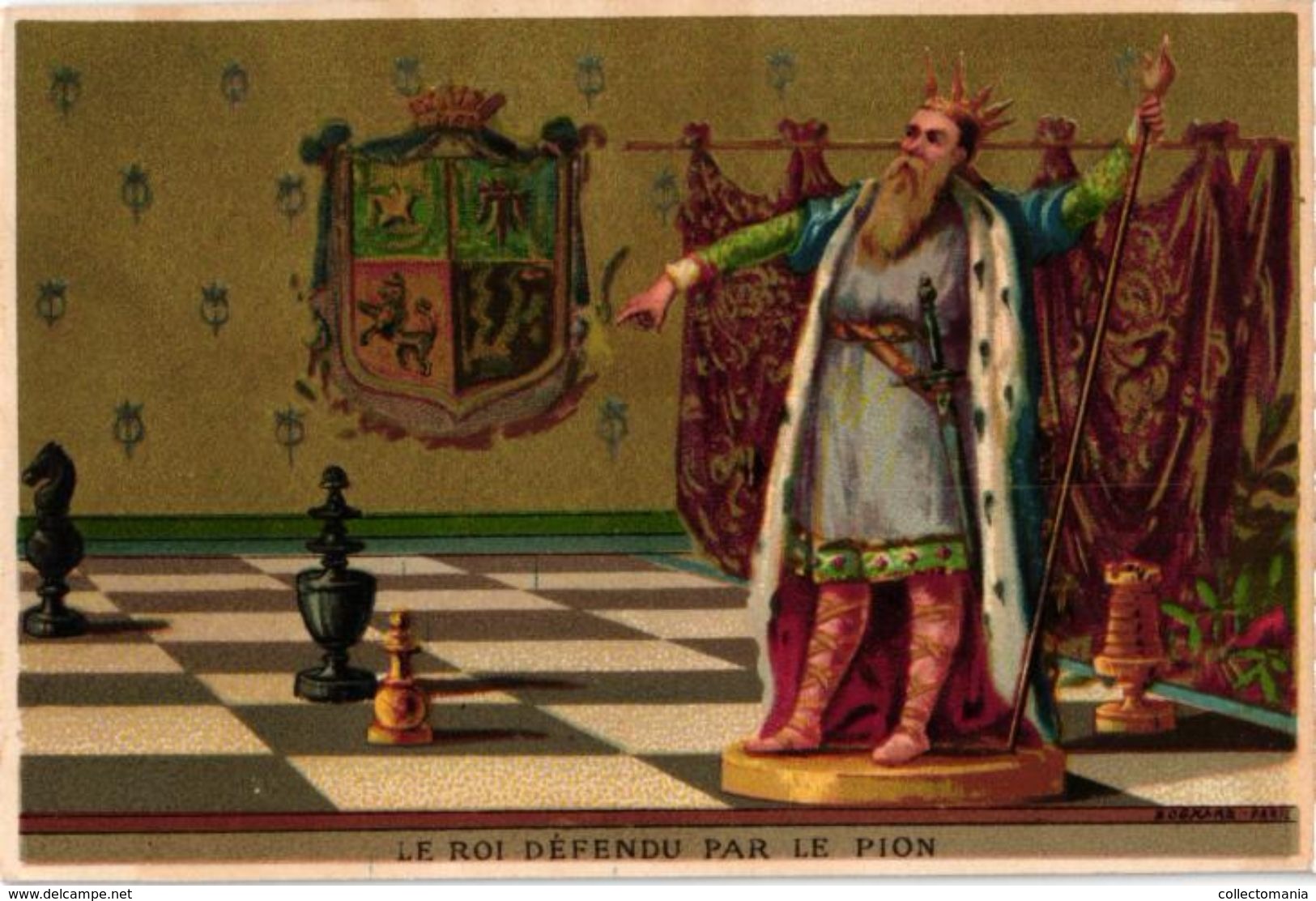 1 Trade Card Chromo  CHESS Game, Jeu D' ECHECS - SCHACH Spiel - Litho  BOGNARD Paris   Le Roi Noir Bien GARDE - Schaken