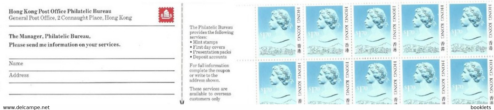 HONGKONG, Booklet 18a 1, 1987, 10x$1.70 Elizabeth Blue, Margin About 3 Cm From The Fold - Postzegelboekjes