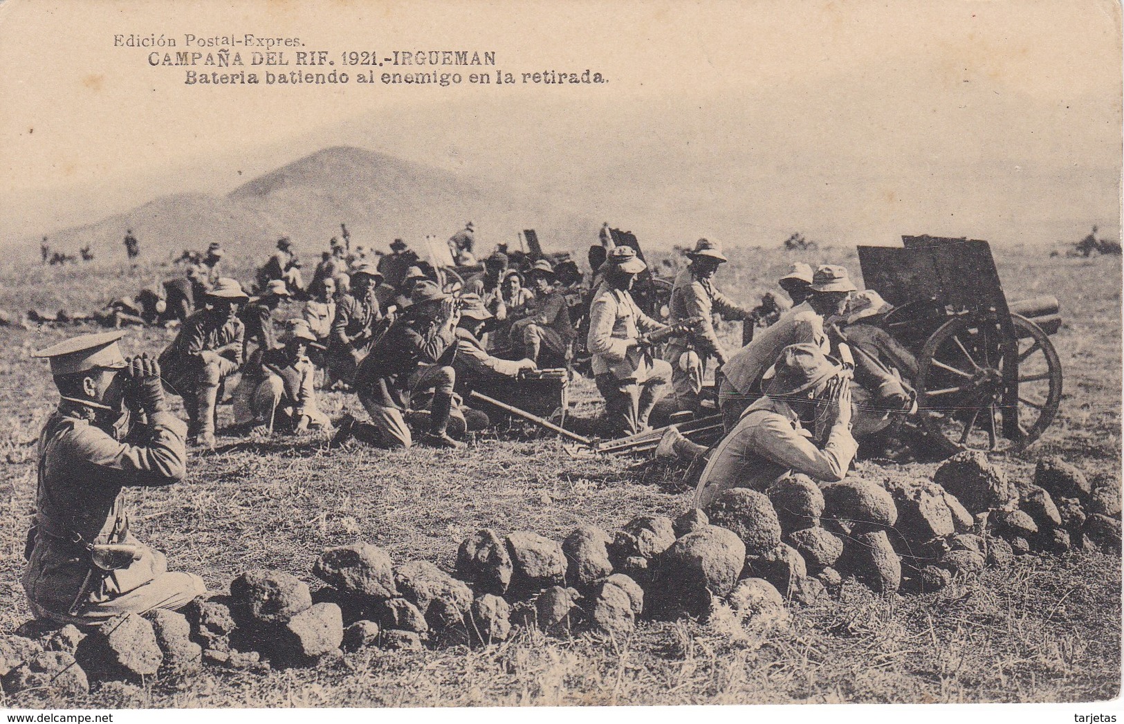 POSTAL DE LA CAMPAÑA DEL RIF DEL AÑO 1921 - IRGUEMAN - BATERIA BATIENDO AL ENEMIGO EN LA RETIRADA (MARRUECOS) - Otras Guerras