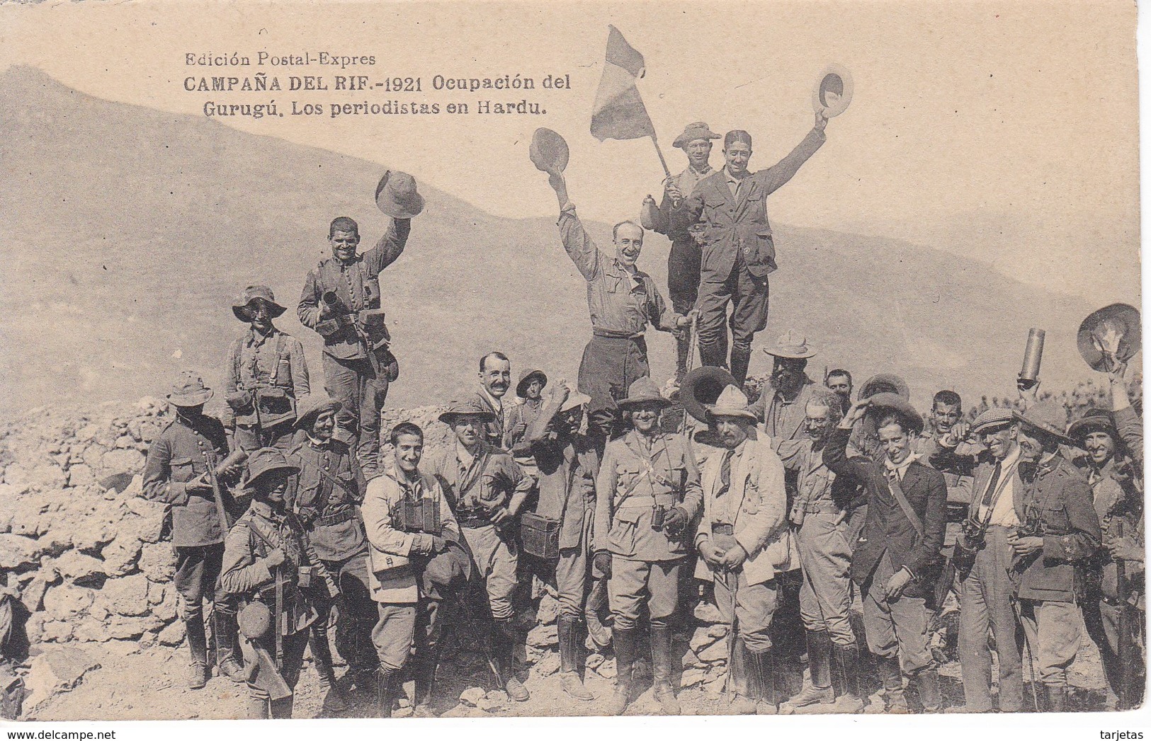 POSTAL DE LA CAMPAÑA DEL RIF DEL AÑO 1921 - OCUPACION DE GURUGU - LOS PERIODISTAS EN HARDU (MARRUECOS) HAUSER Y MENET - Guerres - Autres