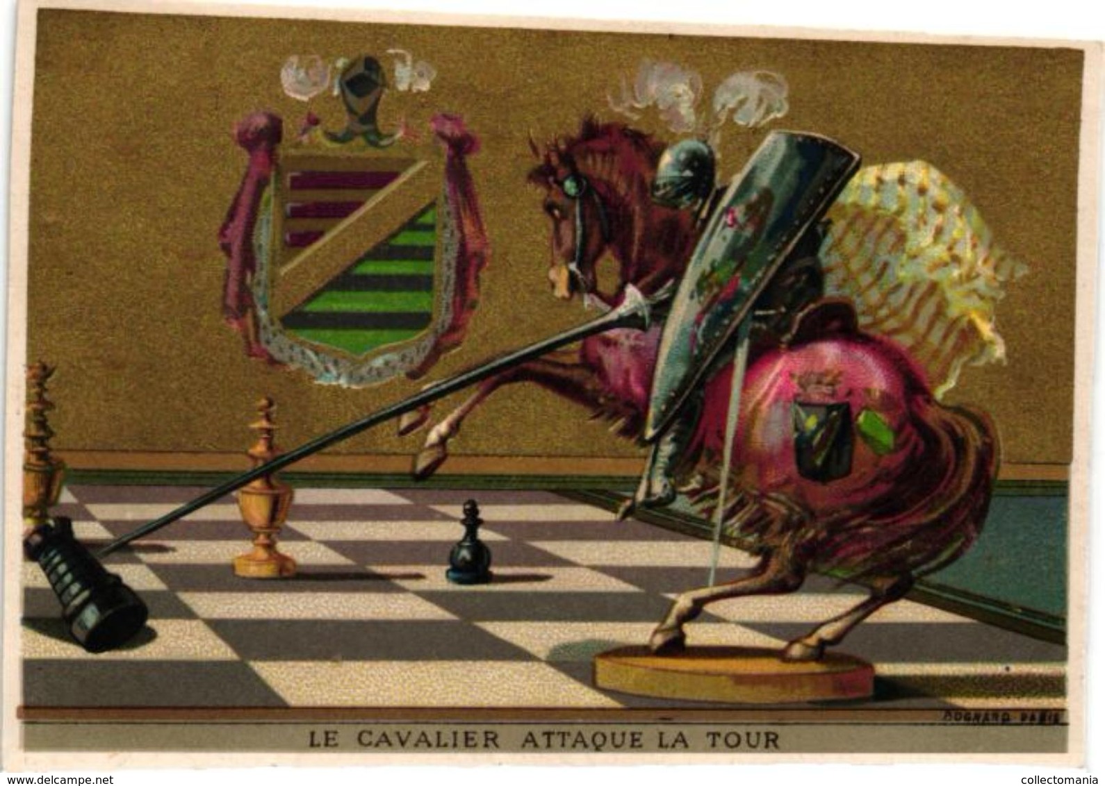 1 Trade Card Chromo  CHESS Game, Jeu D' ECHECS,  SCHACH Spiel Litho BOGNARD  Le Cavalier Attaque La Tour - Echecs
