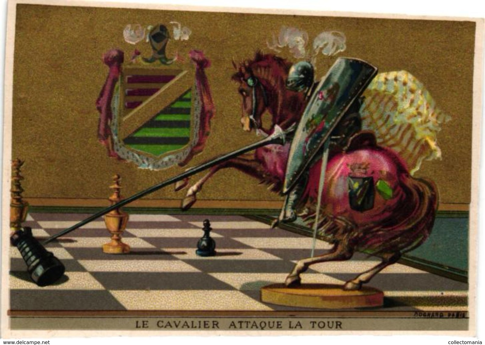 1 Trade Card Chromo  CHESS Game, Jeu D' ECHECS,  SCHACH Spiel Litho BOGNARD  Le Cavalier Attaque La Tour - Chess