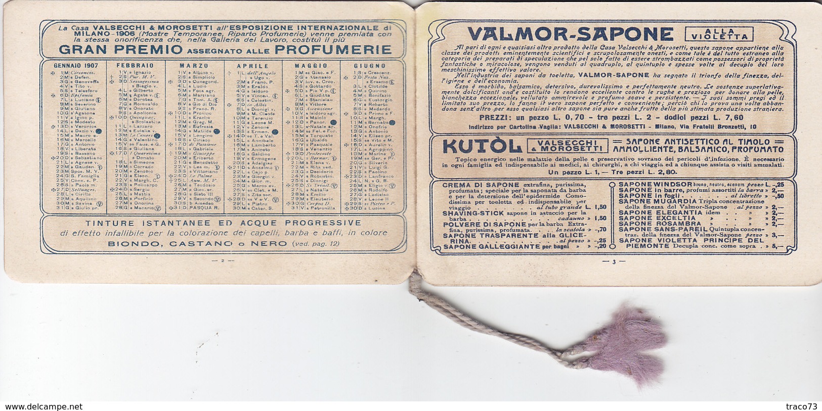 MILANO 1907 - Calendario Pubblicitario /  VALMOR - SAPONE _ VALSECCHI & MOROSETTI - Kleinformat : 1901-20