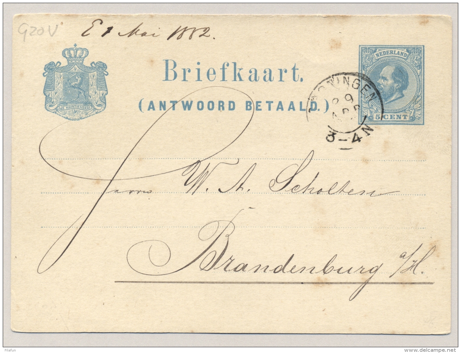 Nederland - 1882 - 5 Cent Willem III, Vraag Briefkaart G20V Echt Gebruikt Van Groningen Naar Brandenburg - Postal Stationery