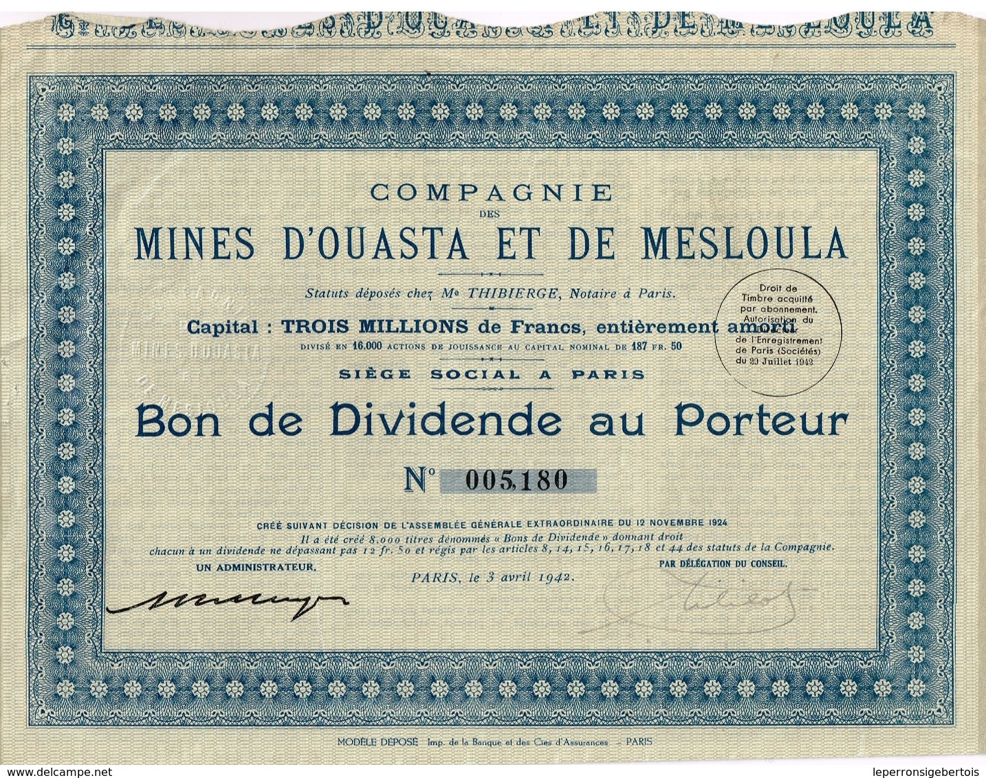 Action Ancienne -Cie Des Mines D' Ouasta Et De Mesloula - Titre De 1942 - - Afrique