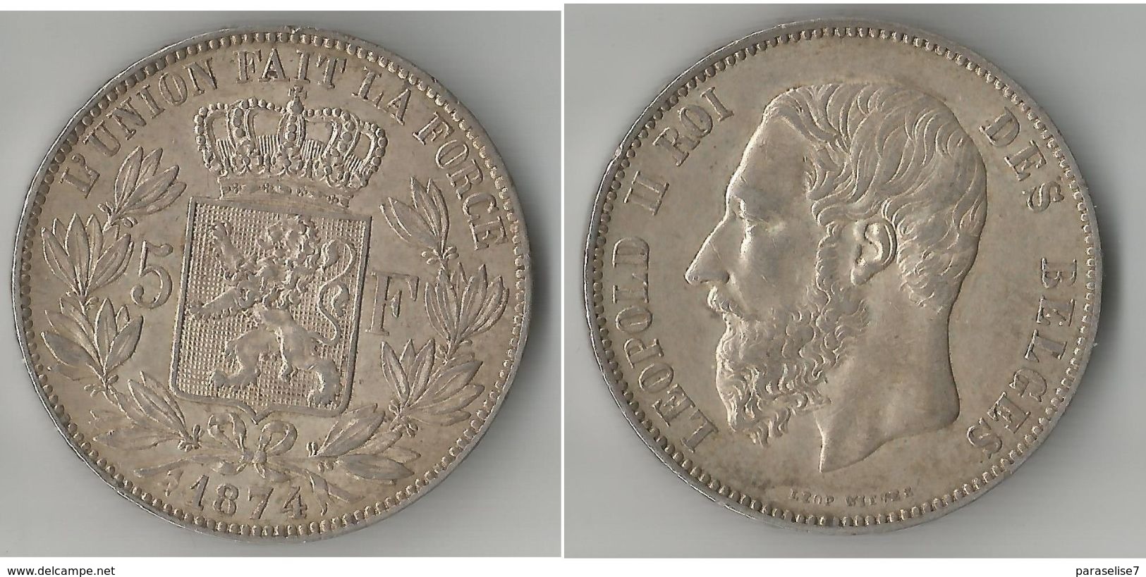 BELGIQUE 5 FRANCS 1874 ARGENT - 5 Francs