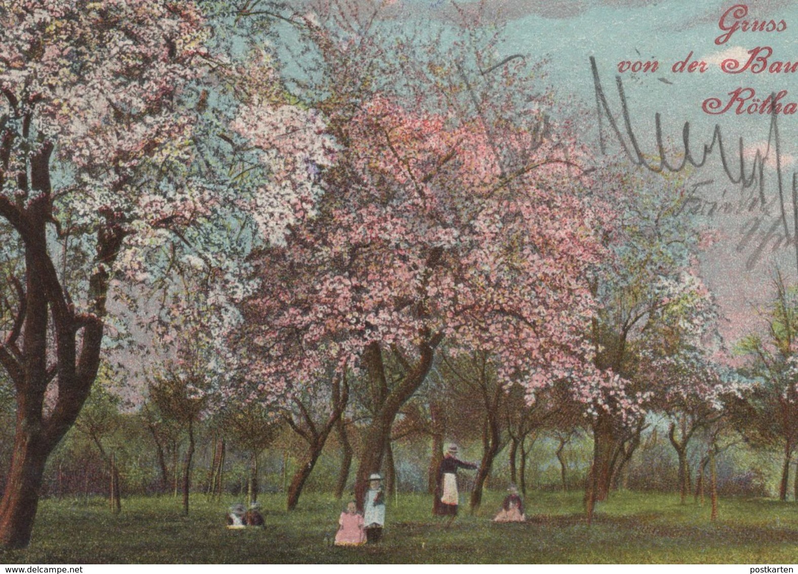 ALTE POSTKARTE GRUSS VON DER BAUMBLÜTE RÖTHA STEMPEL FREIHERRLICH VON FRIESEN'SCHE OBSTWEINSCHÄNKE INH. HÄNDLER - Roetha