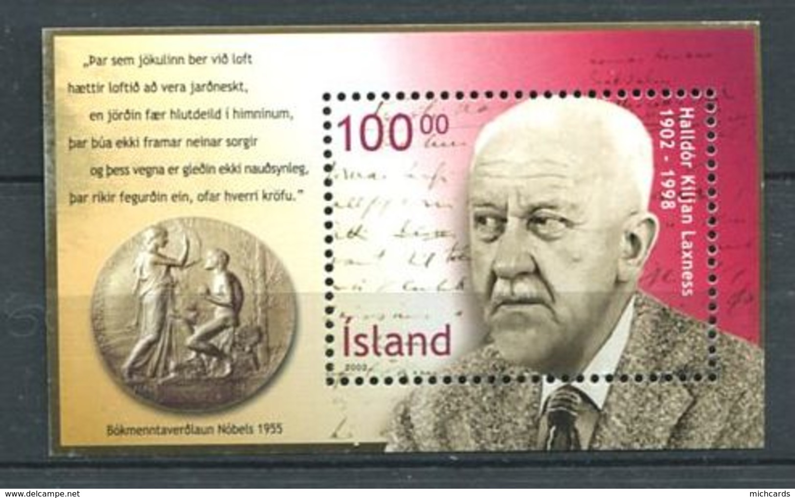 215 ISLANDE 2002 - Yvert BF 30 - Halldor Kilian Laxness - Neuf ** (MNH) Sans Charniere - Unused Stamps