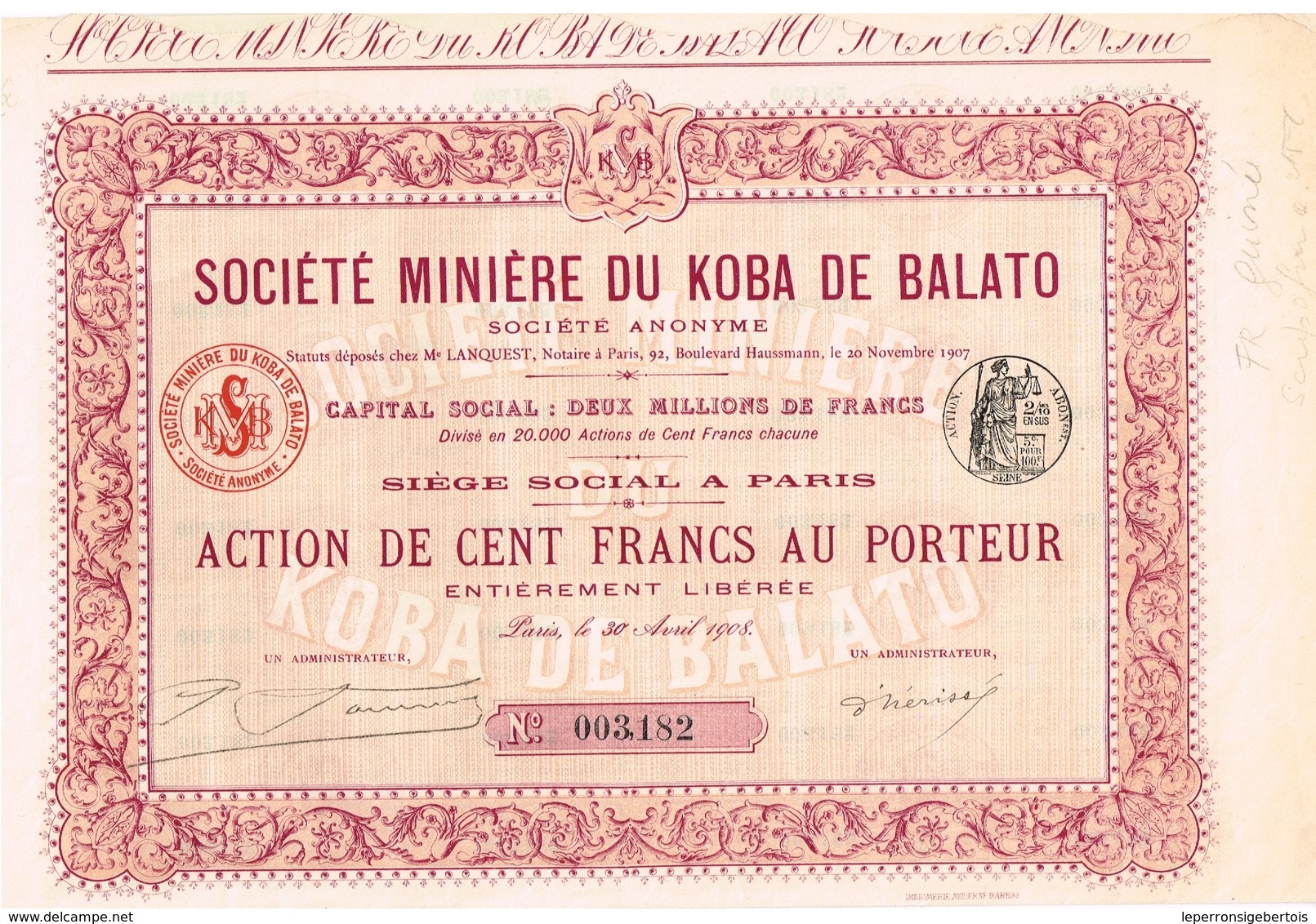 Action Ancienne - Sté Minière Du Koba De Balato - Titre De 1908 - - Afrique