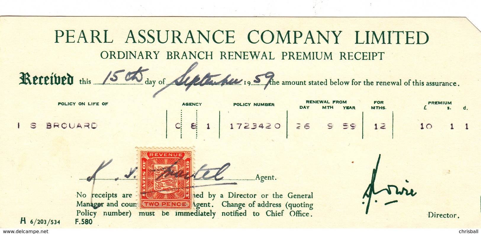 Guernsey - Pearl Assurance Co, Renewal Receipt With Revenue Stamp Dated 1959 - United Kingdom
