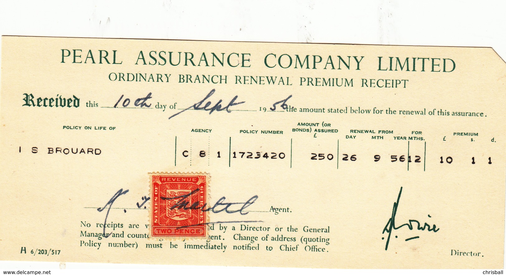 Guernsey - Pearl Assurance Co, Renewal Receipt With Revenue Stamp Dated 1956 - Royaume-Uni