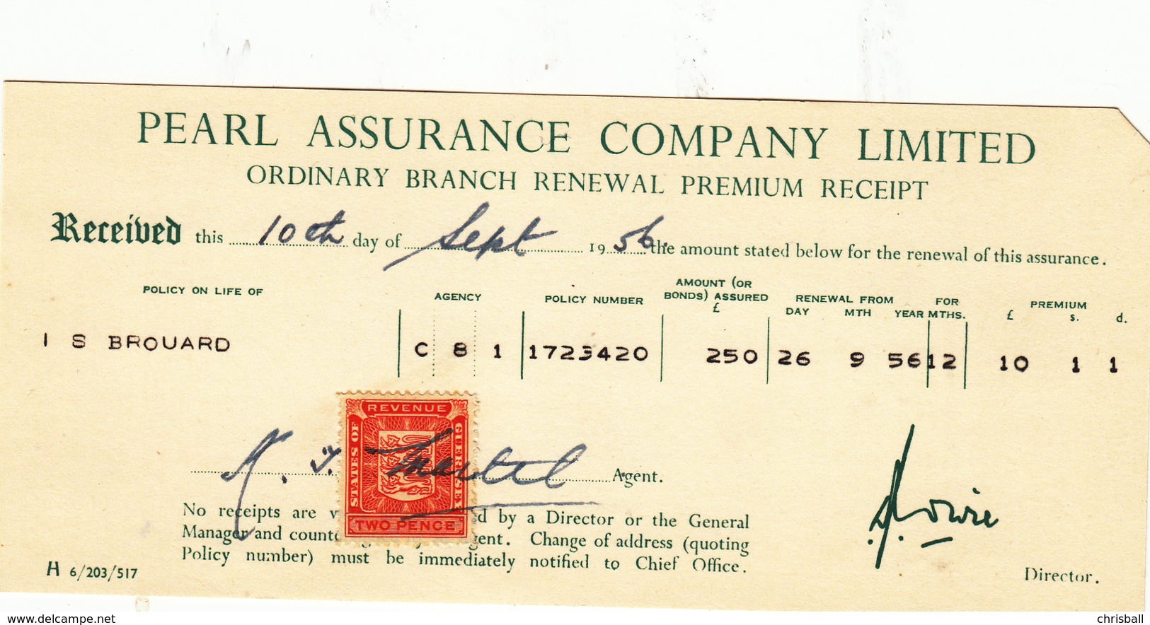 Guernsey - Pearl Assurance Co, Renewal Receipt With Revenue Stamp Dated 1956 - United Kingdom