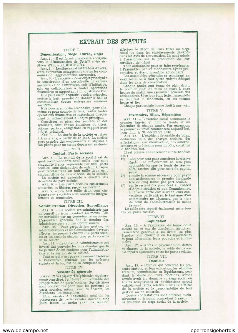 Action Ancienne - Sté Belge Des Mines D'Or  "Sobeminor" - Titre De 1940 - - Mines