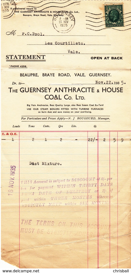 Guernsey - Folded Invoice/Statement Dated Nov. 1935 - United Kingdom