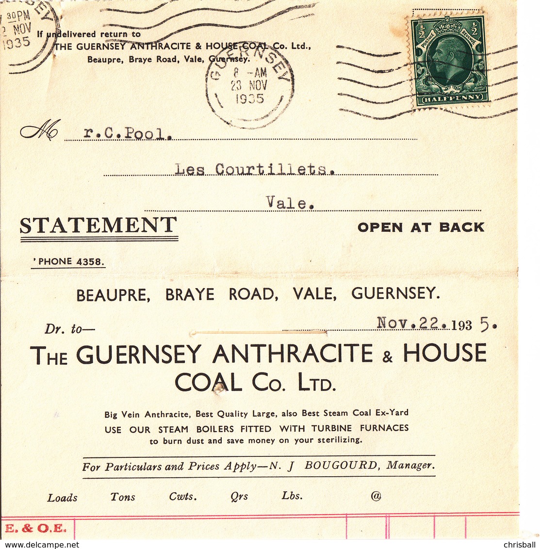 Guernsey - Folded Invoice/Statement Dated Nov. 1935 - Royaume-Uni