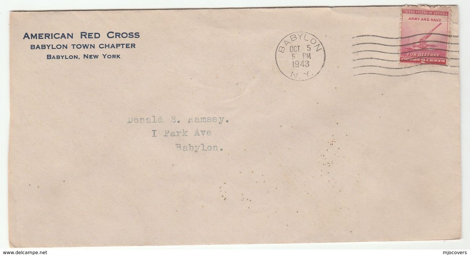 1943 AMERICAN  RED CROSS, BABYLON TOWN CHAPTER COVER Stamps - Red Cross