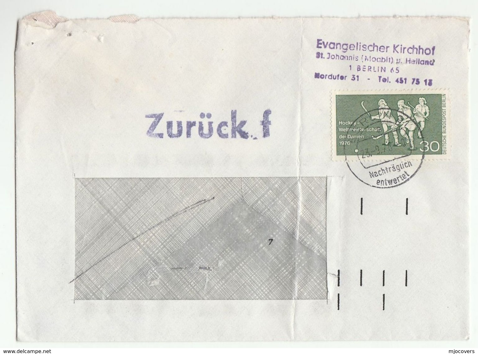 1976 West BERLIN COVER HOCKEY Stamps With ZURUCK RETURNED Post Marking Sport Germany - Hockey (Veld)